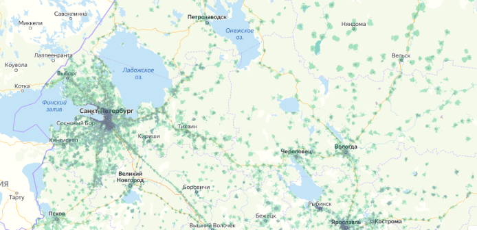 Зона покрытия МТС на карте Оренбург 